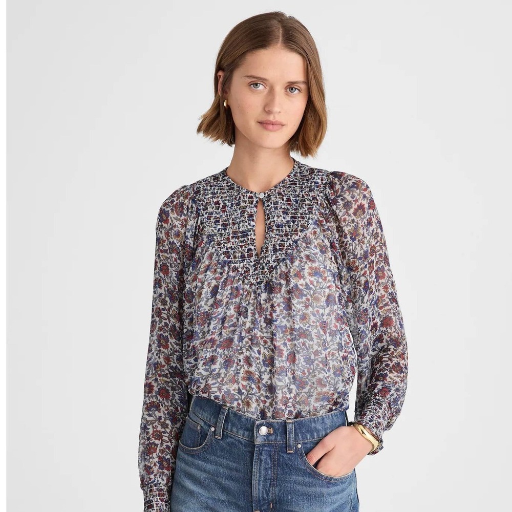 Madewell Smocked‎ Split Crewneck Top Women Small Cherry Red Floral Boho Preppy